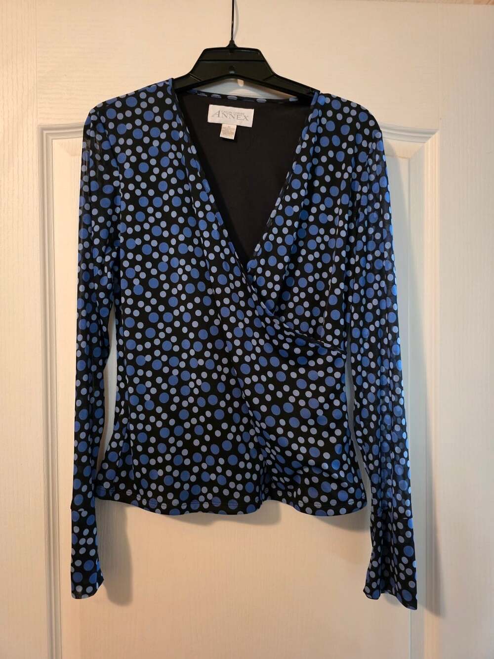 Casual Corner Annex Blue Polka Dot Mesh Wrap Long Sleeve Top Medium